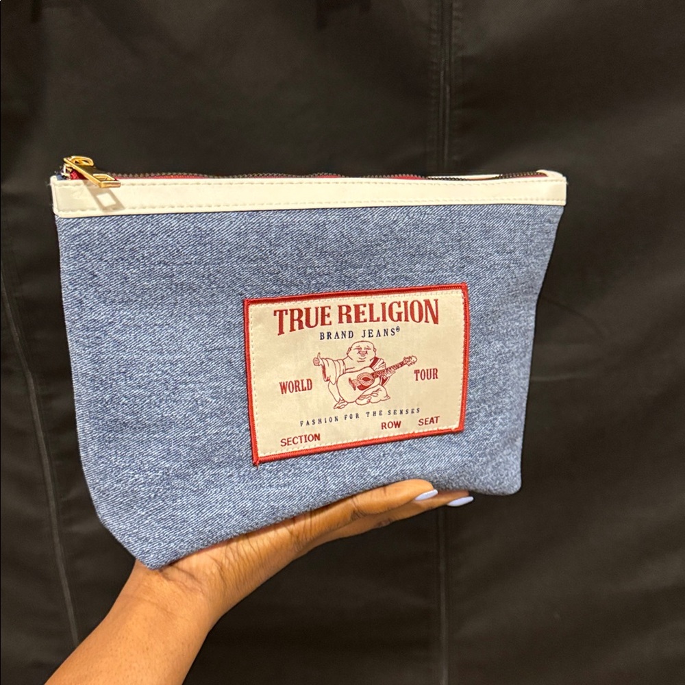 True Religion Blue Denim Pouch with Red Accents